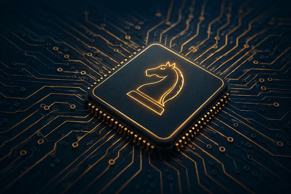 A glowing gold chess knight etched onto a microprocessor surrounded by circuit-board traces, representing the VeryChess engine.
